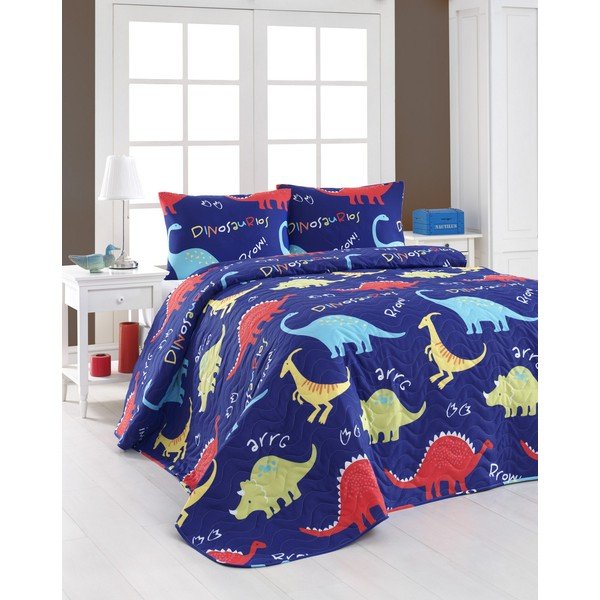 Zestaw pikowanej narzuty na łóżko i 2 poszewek na poduszki Eponj Home Dinazorus Blue, 200x220 cm
