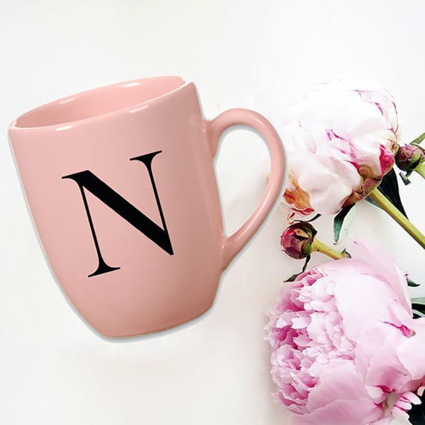 Różowy kubek ceramiczny Vivas Letter N, 330 ml