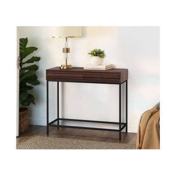 Ciemnobrązowa konsola z blatem w dekorze orzecha 35x90 cm Celine – Støraa-image-1