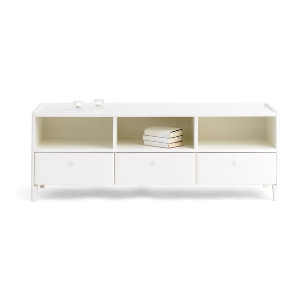 Biały stolik pod TV z 3 szufladami wykonany ręcznie z litej brzozy  Kiteen Matinea