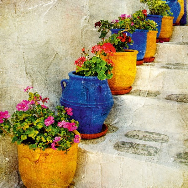 Obraz z kwiatowym motywem Flower Pots And Stairs, 45 x 45 cm
