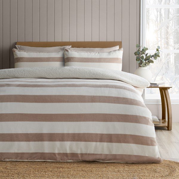 Pościel dwuosobowa z materiału sherpa w naturalnym kolorze 200x200 cm Cosy Sherpa Stripe – Catherine Lansfield-image-1