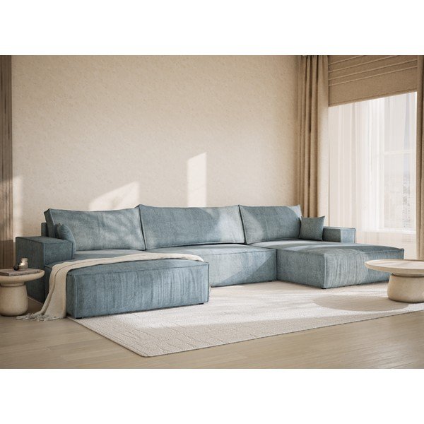 Jasnoniebieski rozkładany/ze schowkiem narożnik z tkaniny szenilowej (w kształcie litery U) Kyoto – Maison de Rêve-image-1