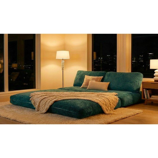 Zielononiebieska rozkładana sofa z materiału bouclé 150 cm Faster – Mauro Ferretti-image-1