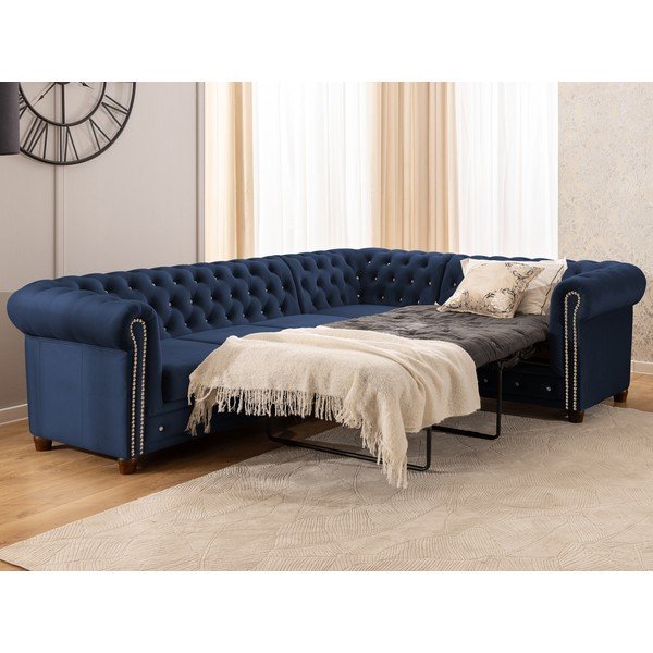 Niebieski aksamitny rozkładany narożnik (prawostronny/w kształcie litery L) York Blik – Ropez-image-4