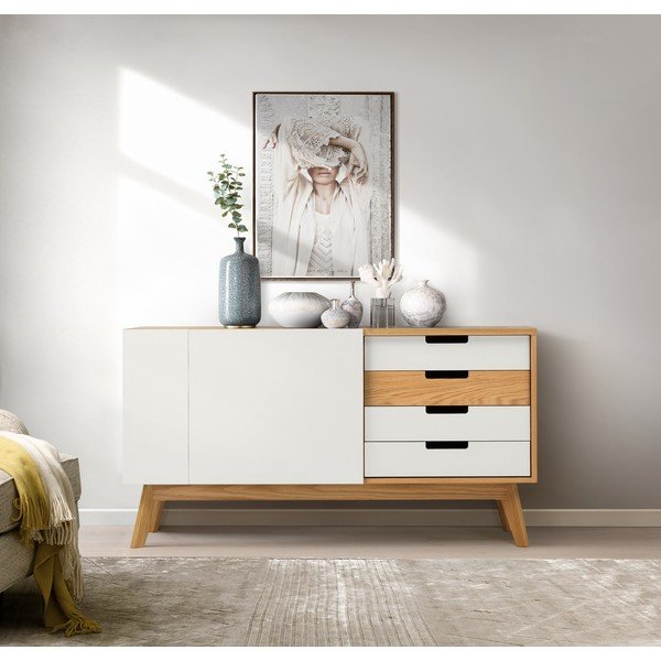 Biała komoda z detalami w kolorze drewna Woodman Chaser-image-1