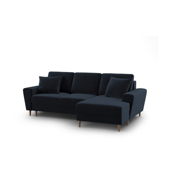 Ciemnoniebieski aksamitny rozkładany narożnik ze schowkiem (prawostronny/z szezlongiem) Kyoto – Cosmopolitan Design-image-1