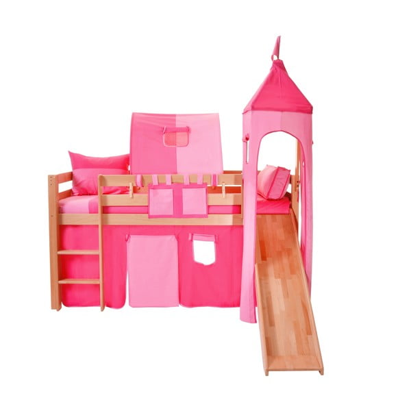 Dziecięce łóżko piętrowe ze zjeżdżalnią i różowym zamkiem z bawełny Mobi furniture Tom, 200x90 cm