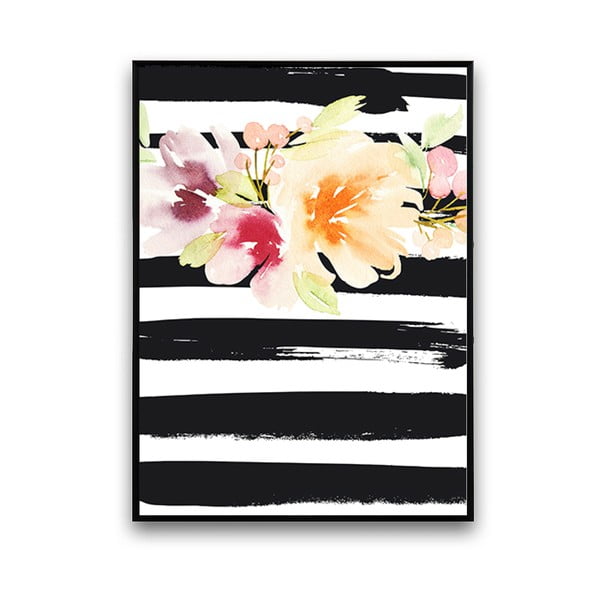 Plakat z kwiatami, czarno-białe prążkowane tło, 30 x 40 cm