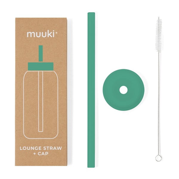 Silikonowa słomka z wieczkiem i szczoteczką w komplecie Frosted Green – Muuki