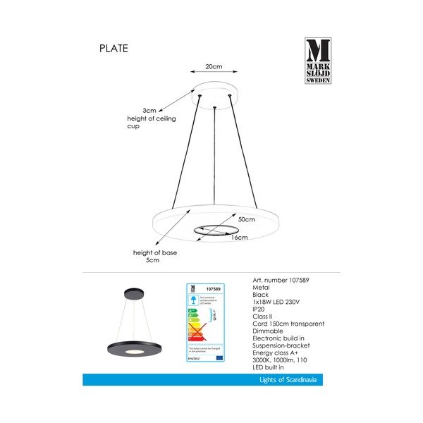 Czarna lampa wisząca Markslöjd Plate, ø 50 cm-image-1