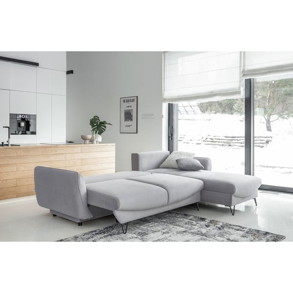 Jasnoszary aksamitny rozkładany/ze schowkiem narożnik (prawostronny/z szezlongiem) Silva – ELTAP-image-2