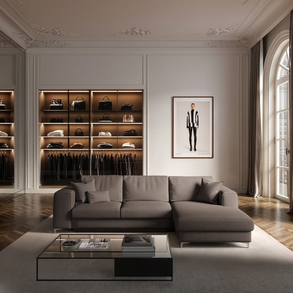 Szarobrązowy aksamitny rozkładany narożnik ze schowkiem (prawostronny/z szezlongiem) Rene – Rodier-image-1