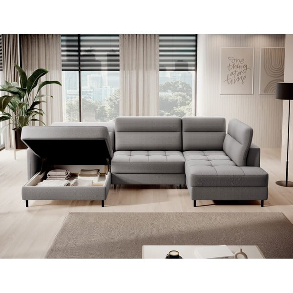 Jasnoszary aksamitny rozkładany/ze schowkiem narożnik (prawostronny/w kształcie litery U) Berrto – ELTAP-image-2