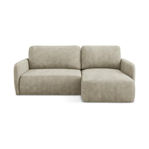 Beżowy narożnik rozkładany z tkaniny szenilowej ze schowkiem (prawostronny/z szezlongiem) Lilo – Makamii