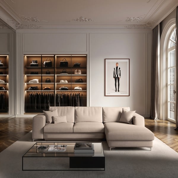 Beżowy aksamitny rozkładany narożnik ze schowkiem (prawostronny/z szezlongiem) Rene – Rodier-image-1