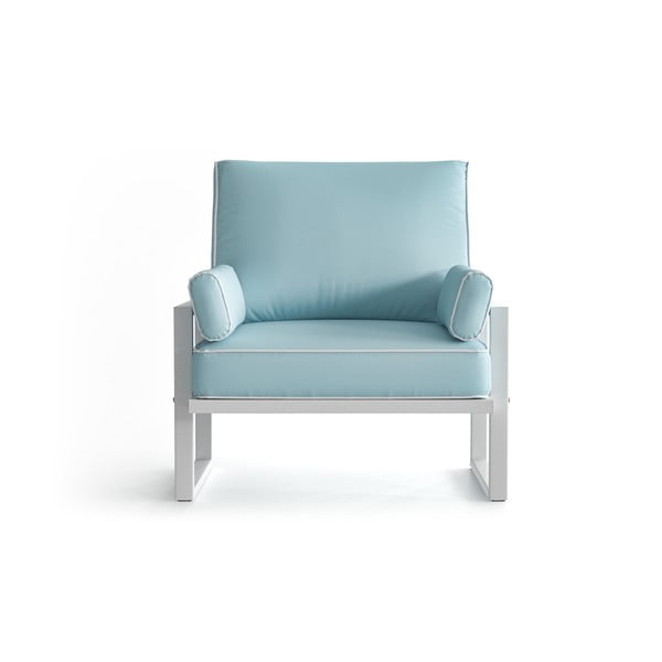 Jasnoniebieski fotel ogrodowy z podłokietnikami i białą lamówką Marie Claire Home Angie