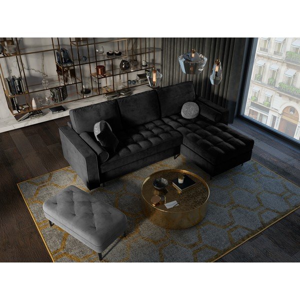 Czarny aksamitny rozkładany narożnik Milo Casa Santo, prawostronny-image-1