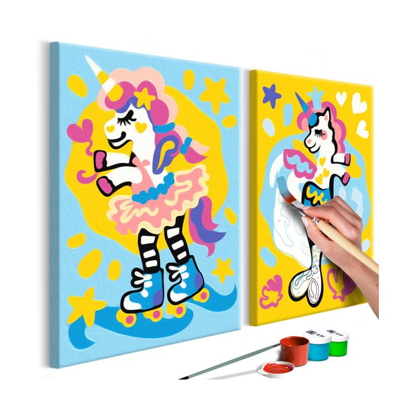 Zestaw płótna (2 szt.), farb i pędzli DIY Artgeist Funny Unicorns, 33x23 cm