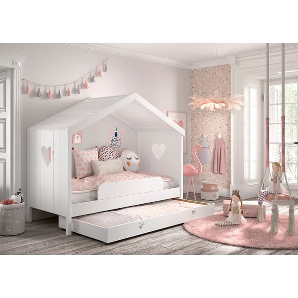 Białe łóżko dziecięce z litego drewna sosnowego w kształcie domku z wysuwanym łóżkiem ze schowkiem 90x200 cm AMORI – Vipack-image-2