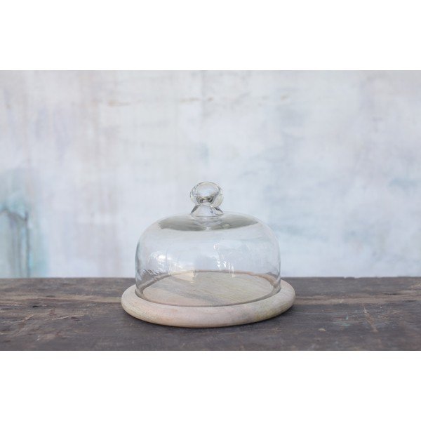 Taca z drewna mango ze szklanym kloszem Nkuku Bell Dome-image-1