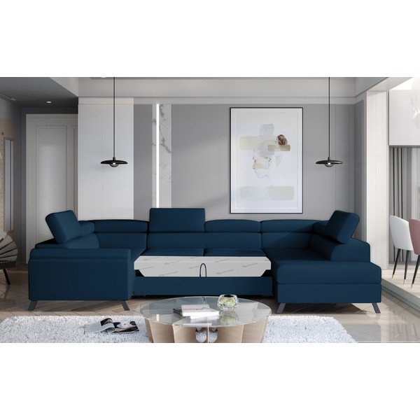 Niebieski aksamitny rozkładany/ze schowkiem narożnik (prawostronny/w kształcie litery U) Escada – ELTAP-image-2