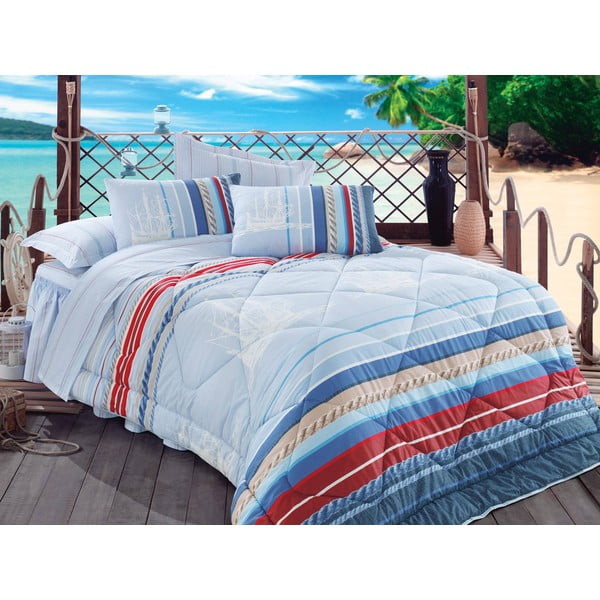 Narzuta, poszewki na poduszkę i ozdobna falbana wokół łóżka Orsa Blue, 195x215 cm
