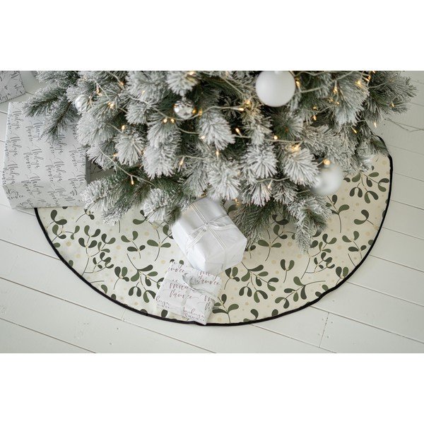 Biało-zielony bawełniany okrągły dywan pod choinkę ze świątecznym motywem odpowiedni do prania ø 133 cm Santa Likes Mistletoe – Butter Kings-image-1