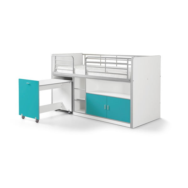 Biało-turkusowe łóżko piętrowe z wysuwanym biurkiem i schowkiem Vipack Bonny, 200x90 cm