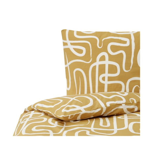 Żółto-biała pościel jednoosobowa z perkalu bawełnianego Westwing Collection Malu, 135x200 cm-image-2