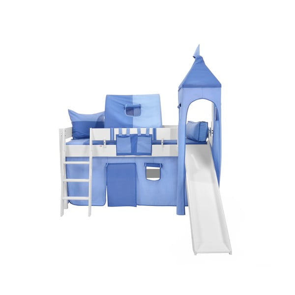 Białe dziecięce łóżko piętrowe ze zjeżdżalnią i niebieskim zamkiem z bawełny Mobi furniture Luk, 200x90 cm