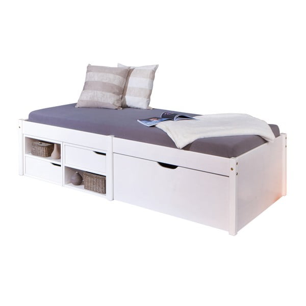 Białe drewniane łóżko jednoosobowe ze schowkiem 13Casa Bingo, 90x200 cm