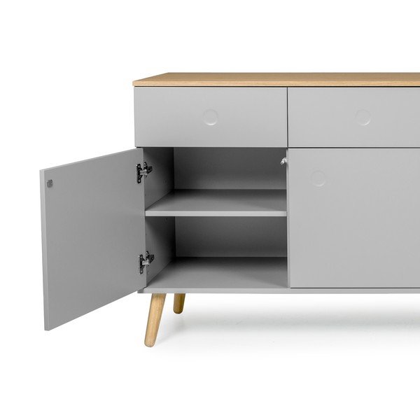 Szara 4-drzwiowa komoda z nogami z drewna dębowego i 4 szufladami Tenzo Dot-image-3