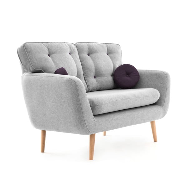 Jasnoszara sofa z fioletową poduszką Vivonita Malva