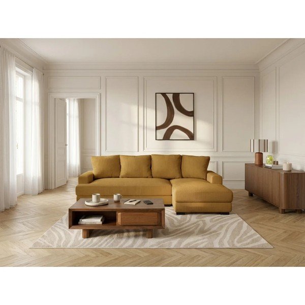 Żółty sztruksowy rozkładany/ze schowkiem narożnik (prawostronny/z szezlongiem) Campi – Bobochic Paris-image-1