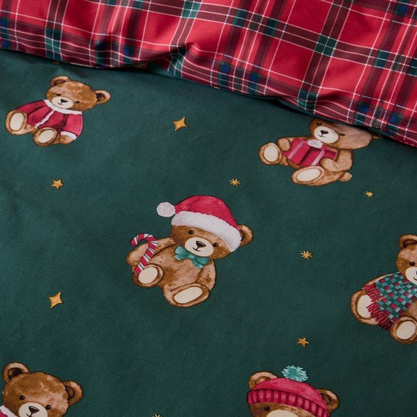 Czerwona/ciemnozielona pościel jednoosobowa 150x120 cm Christmas Tartan Teddy Bear – Catherine Lansfield-image-2
