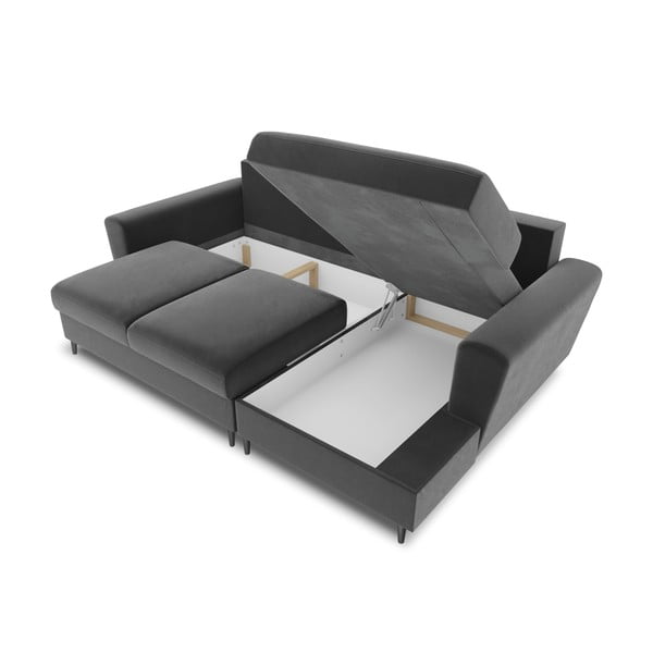 Jasnoszary aksamitny rozkładany narożnik ze schowkiem (prawostronny/z szezlongiem) Kyoto – Cosmopolitan Design-image-3