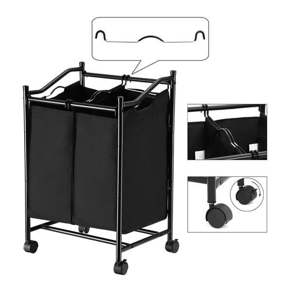 Czarny kosz na pranie na kółkach z 2 segmentami Songmics-image-4