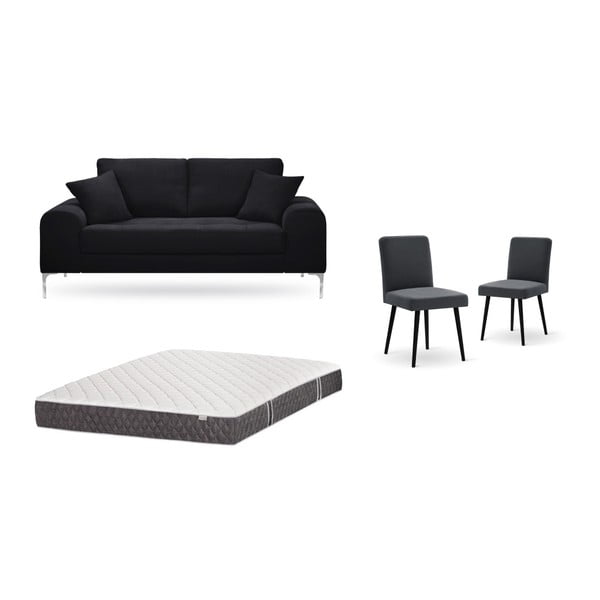 Zestaw 2-osobowej czarnej sofy, 2 antracytowych krzeseł i materaca 140x200 cm Home Essentials