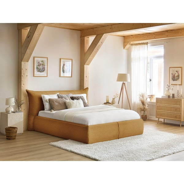 Żółte tapicerowane łóżko dwuosobowe ze schowkiem i stelażem 160x200 cm Jade – Bobochic Paris-image-1