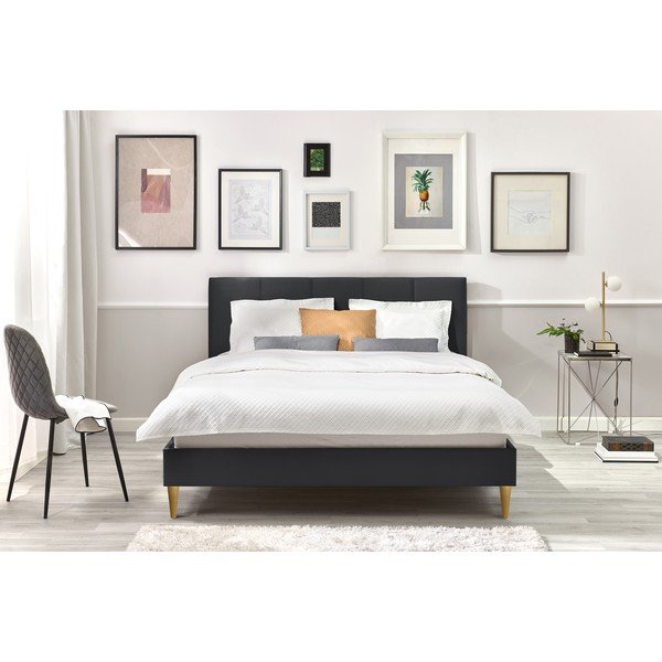 Antracytowe tapicerowane łóżko dwuosobowe ze stelażem 180x200 cm Vivara – Bobochic Paris-image-4