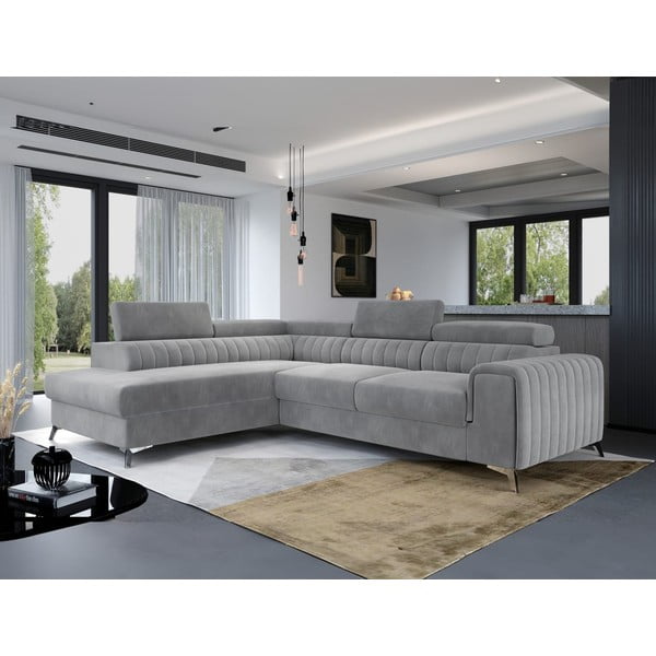 Szary aksamitny rozkładany/ze schowkiem narożnik (lewostronny/w kształcie litery L) Laurence – ELTAP-image-4