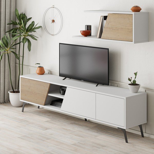 Biały zestaw pod TV w dekorze dębu 180x48 cm Fiona – Kalune Design-image-2