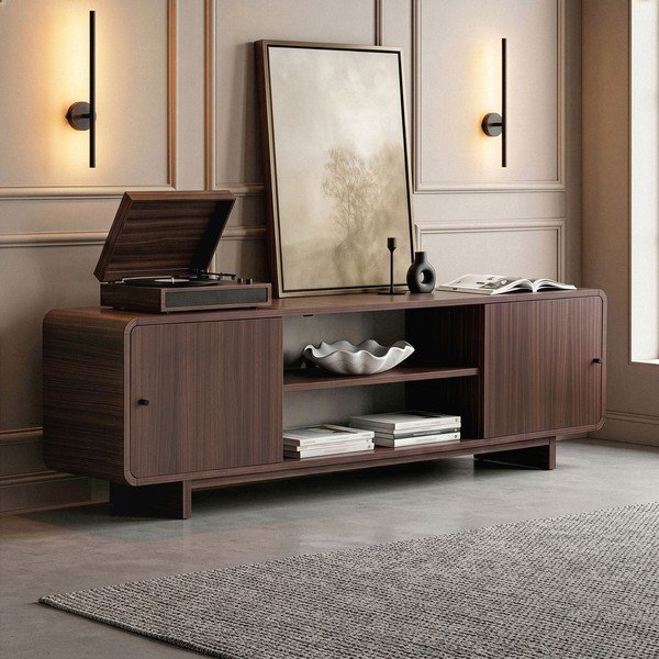 Szafka pod TV w dekorze orzecha w ciemnym naturalnym kolorze 180x52x34 cm Mirel – Nordure-image-2