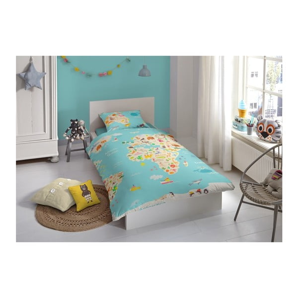 Dziecięca pościel jednoosobowa z czystej bawełny Good Morning Worl Map, 140x200 cm-image-1