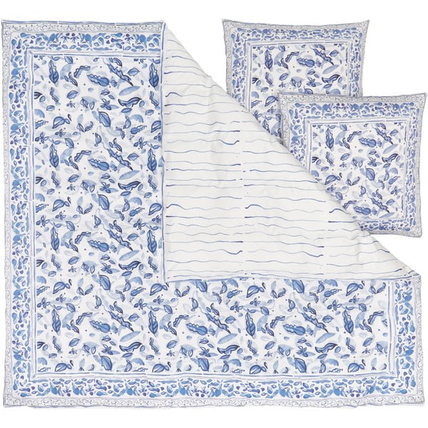 Niebiesko-biała pościel dwuosobowa z satyny bawełnianej Westwing Collection, 200x200 cm
