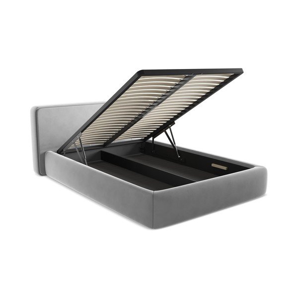 Szare tapicerowane łóżko dwuosobowe ze schowkiem i stelażem 140x200 cm Kiana – Makamii-image-3