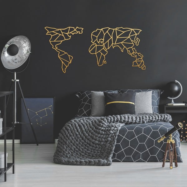 Metalowa dekoracja ścienna w złotym kolorze Geometric World Map, 150x80 cm