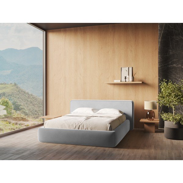 Szare tapicerowane łóżko dwuosobowe ze schowkiem i stelażem 180x200 cm Kiana – Makamii-image-1