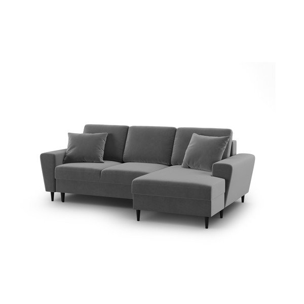 Jasnoszary aksamitny rozkładany narożnik ze schowkiem (prawostronny/z szezlongiem) Kyoto – Cosmopolitan Design-image-1